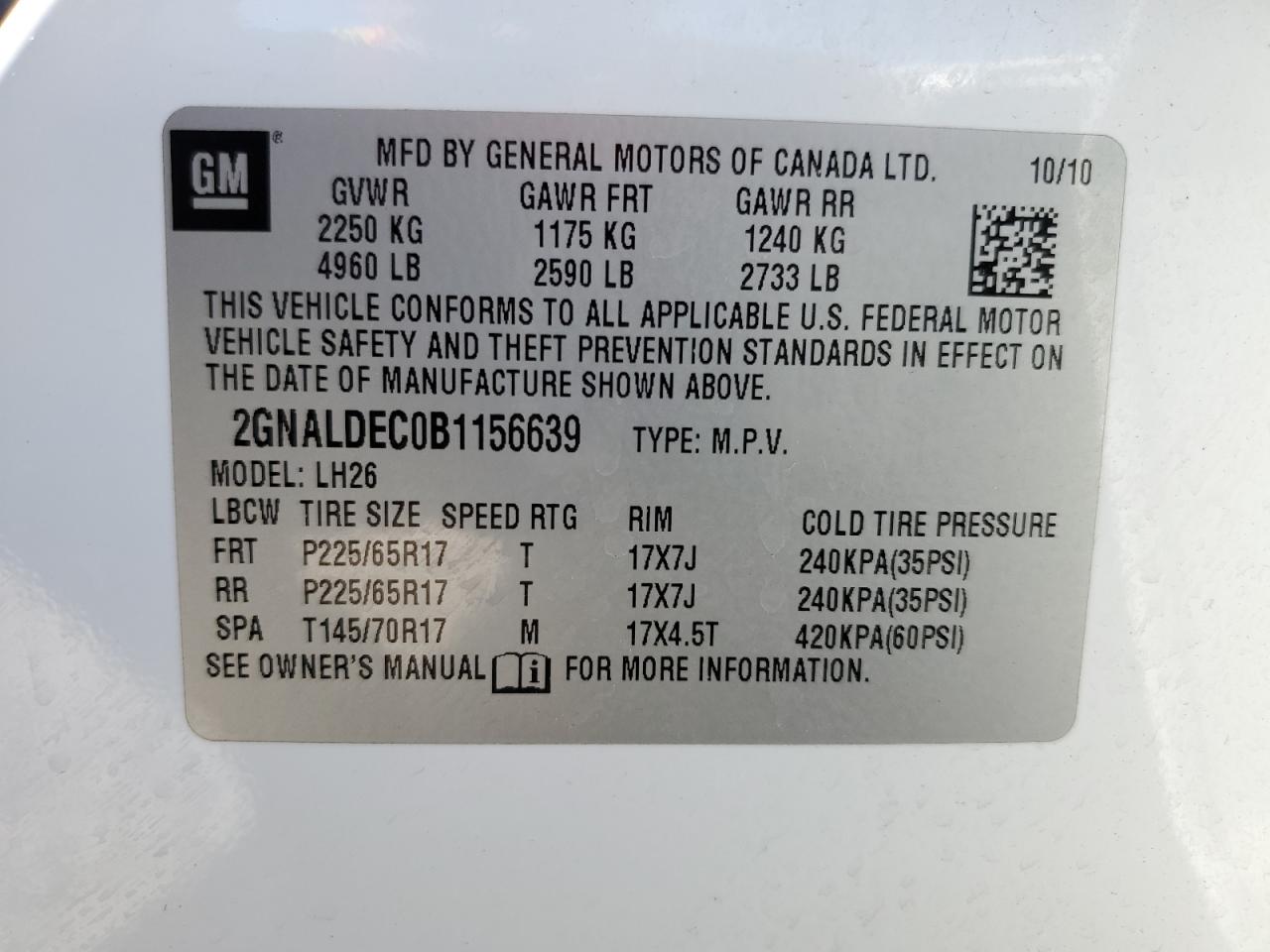 2GNALDEC0B1156639 2011 Chevrolet Equinox Lt