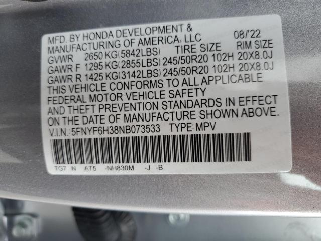 2022 HONDA PILOT SPOR 5FNYF6H38NB073533