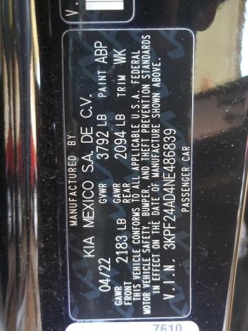 3KPF24AD4NE486839 KIA FORTE FE