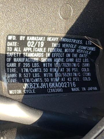 2019 KAWASAKI ZX636 K - JKBZXJH16KA002716