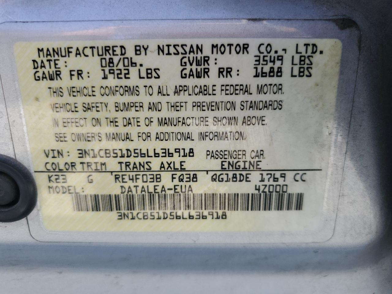 3N1CB51D56L636918 2006 Nissan Sentra 1.8