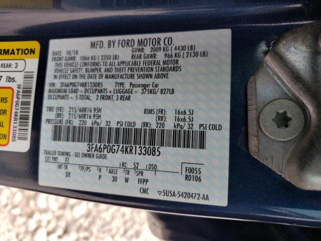 3FA6P0G74KR133085 2019 FORD FUSION, photo no. 12