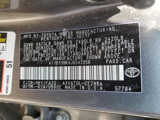 4T1B11HK4JU542256 | 2018 TOYOTA CAMRY L