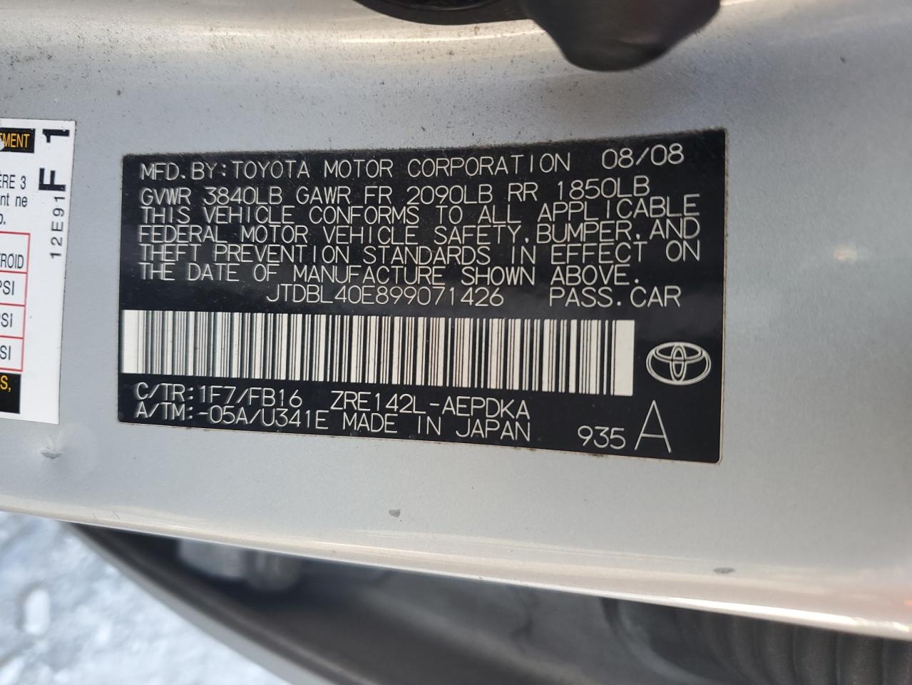 JTDBL40E899071426 2009 Toyota Corolla Base