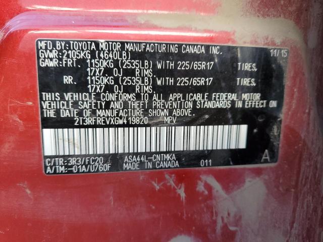 2T3RFREVXGW419820 Toyota Rav4 Xle