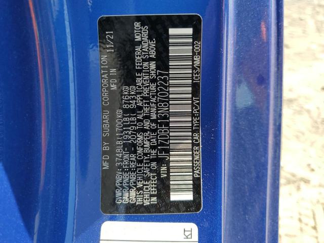 2022 SUBARU BRZ LIMITE JF1ZDBF13N8702237