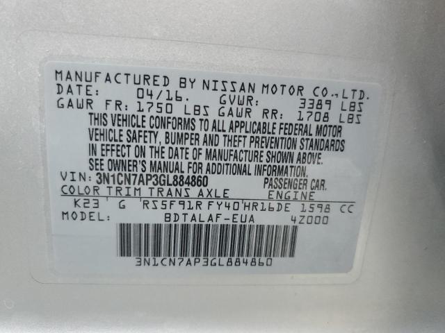 3N1CN7AP3GL884860 Nissan VERSA S
