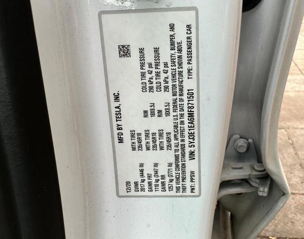 5YJ3E1EA6MF871501 Tesla MODEL 3