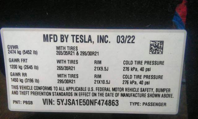 5YJSA1E50NF474863 Tesla MODEL S