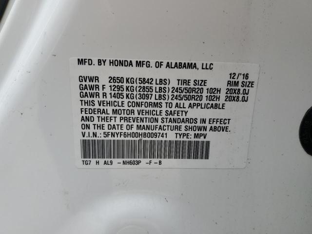 2017 Honda Pilot Elite VIN: 5FNYF6H00HB009741 Lot: 52031423