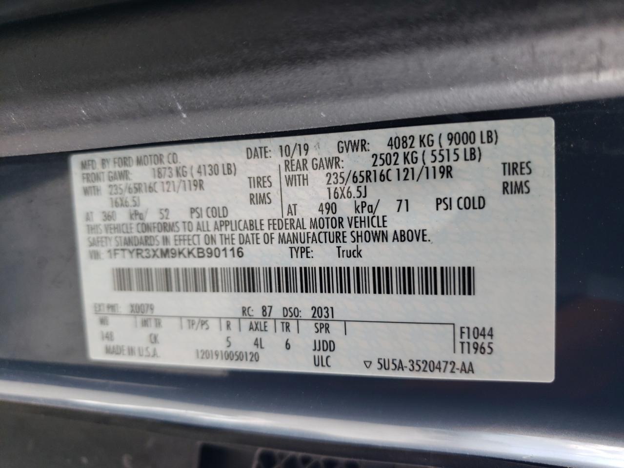 1FTYR3XM9KKB90116 FORD TRANSIT 2019