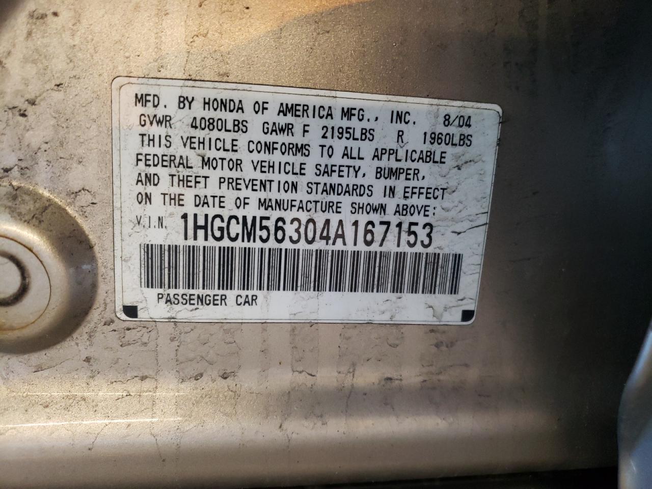 1HGCM56304A167153 2004 Honda Accord Lx