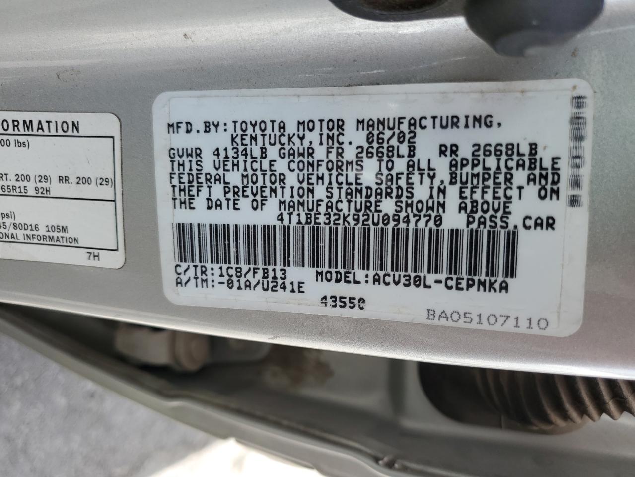 4T1BE32K92U094770 2002 Toyota Camry Le