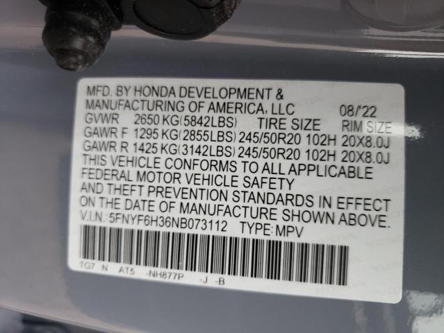 2022 HONDA PILOT SPOR 5FNYF6H36NB073112