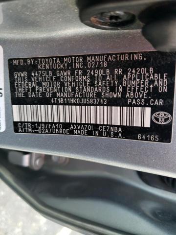 2018 TOYOTA CAMRY 4C 4T1B11HK0JU583743