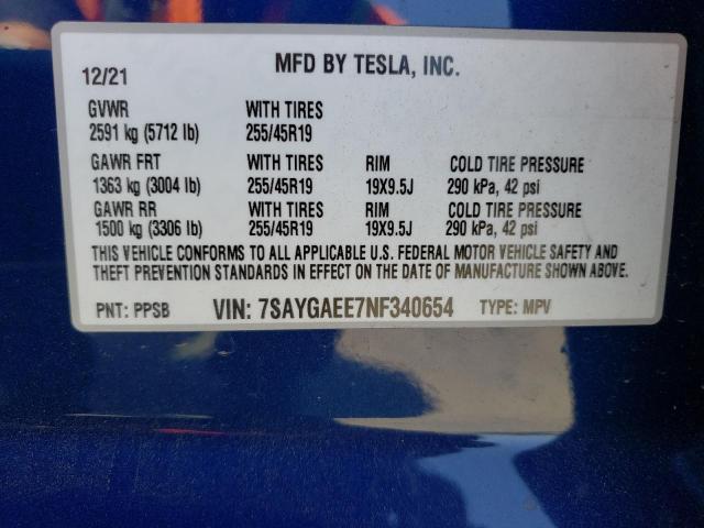 Tesla Model Y 2022 7SAYGAEE7NF340654 Image 12