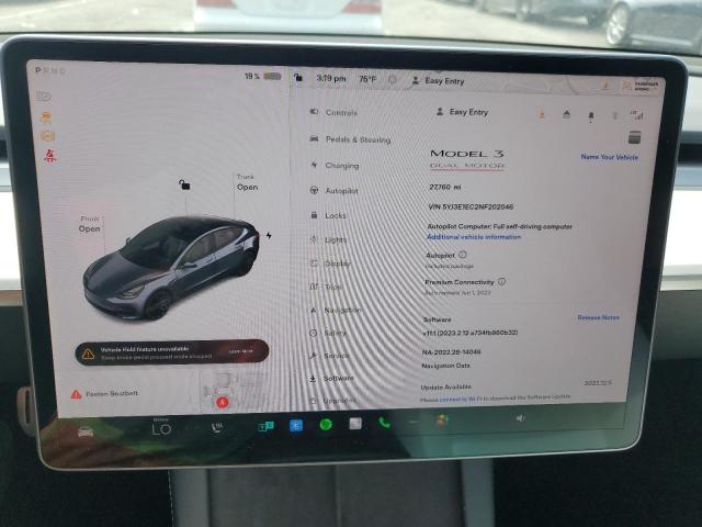 5YJ3E1EC2NF202046 Tesla MODEL 3