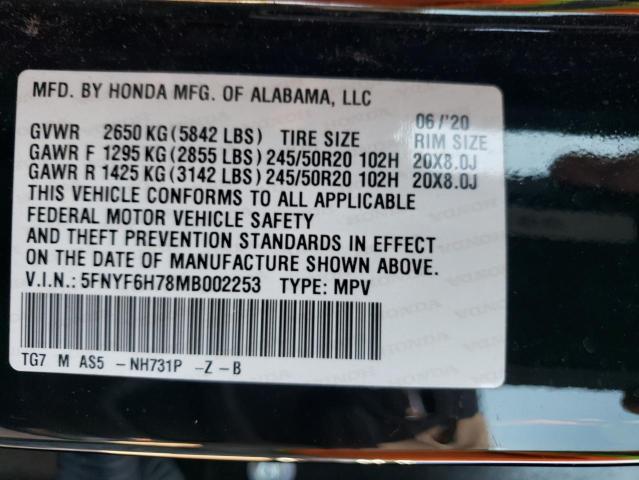 2021 HONDA PILOT BLAC - 5FNYF6H78MB002253