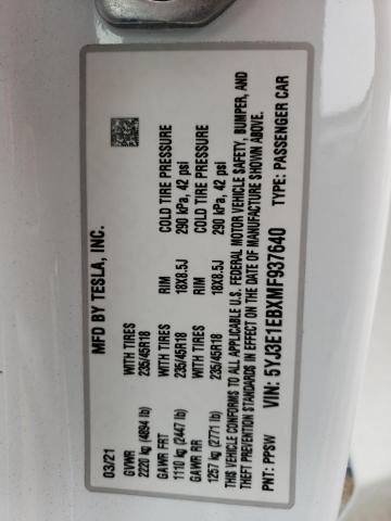 5YJ3E1EBXMF937640 Tesla MODEL 3