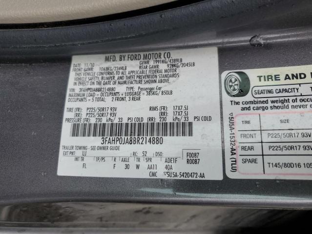 2011 Ford Fusion Sel VIN: 3FAHP0JA8BR214880 Lot: 51030943