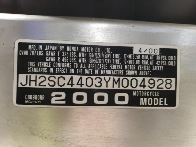 2000 HONDA CBR900 RR JH2SC4403YM004928