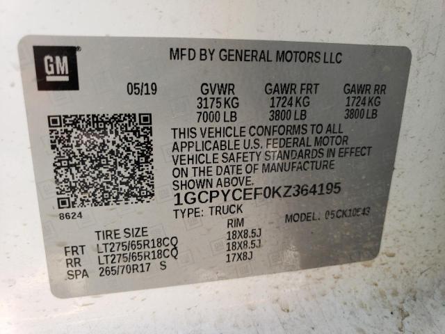 2019 CHEVROLET 1500 PICKU 1GCPYCEF0KZ364195