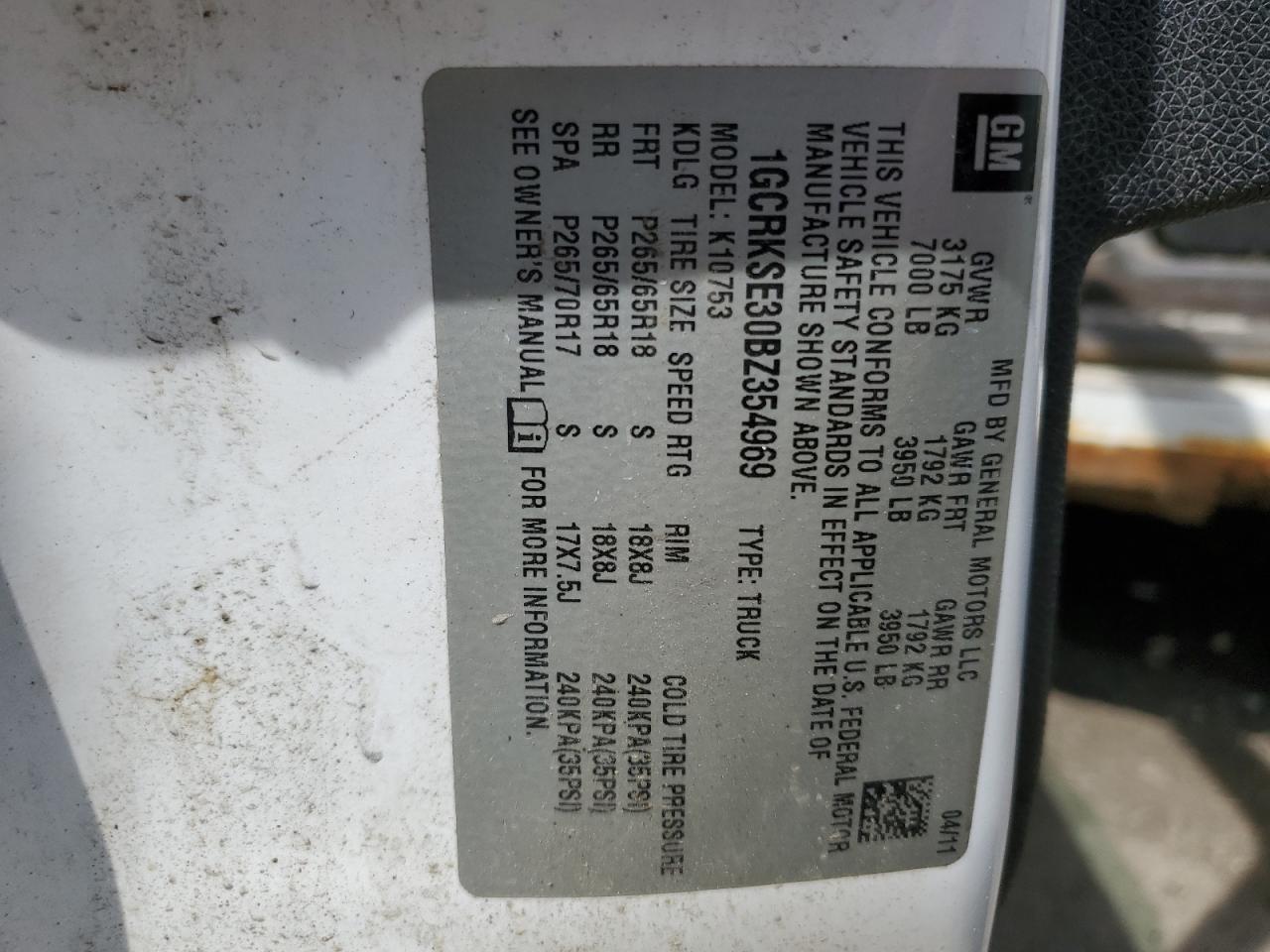 1GCRKSE30BZ354969 2011 Chevrolet Silverado K1500 Lt