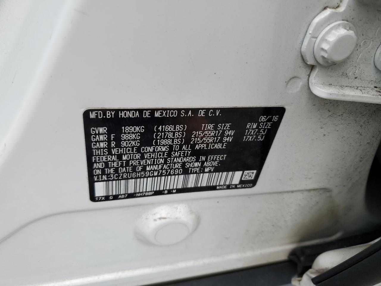 3CZRU6H59GM757690 2016 Honda Hr-V Ex