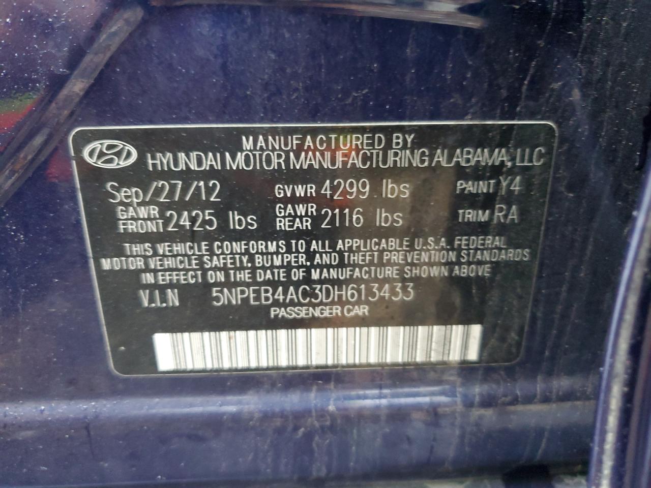 5NPEB4AC3DH613433 2013 Hyundai Sonata Gls