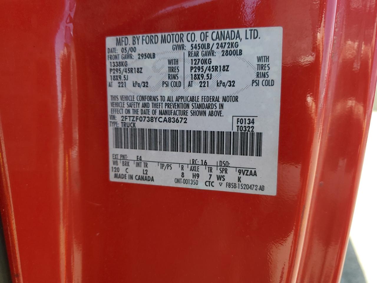 2FTZF0738YCA83672 2000 Ford F150 Svt Lightning