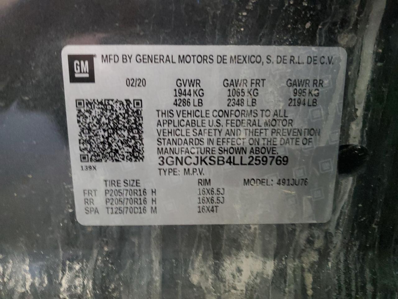 3GNCJKSB4LL259769 2020 Chevrolet Trax Ls