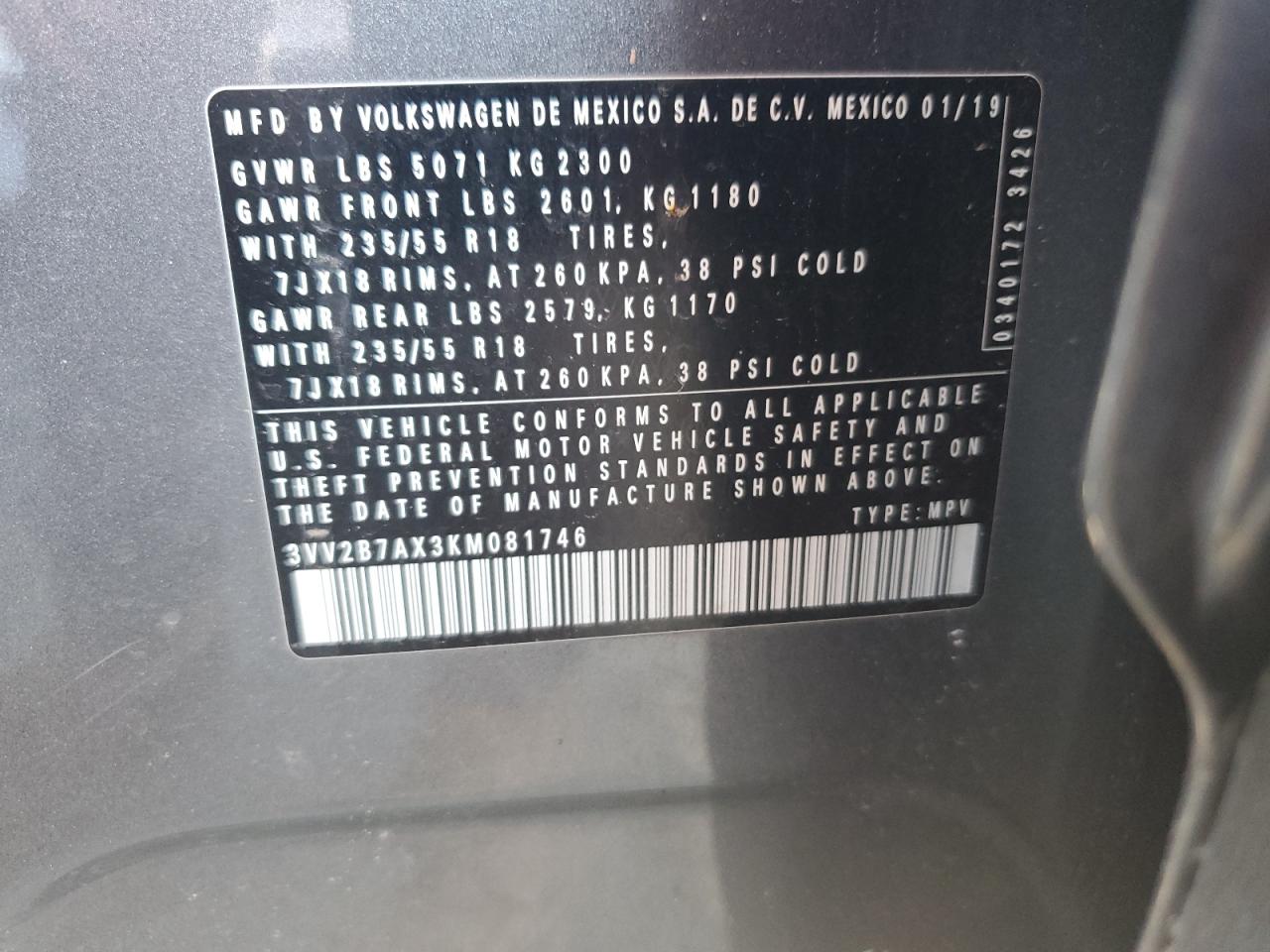 3VV2B7AX3KM081746 2019 Volkswagen Tiguan Se