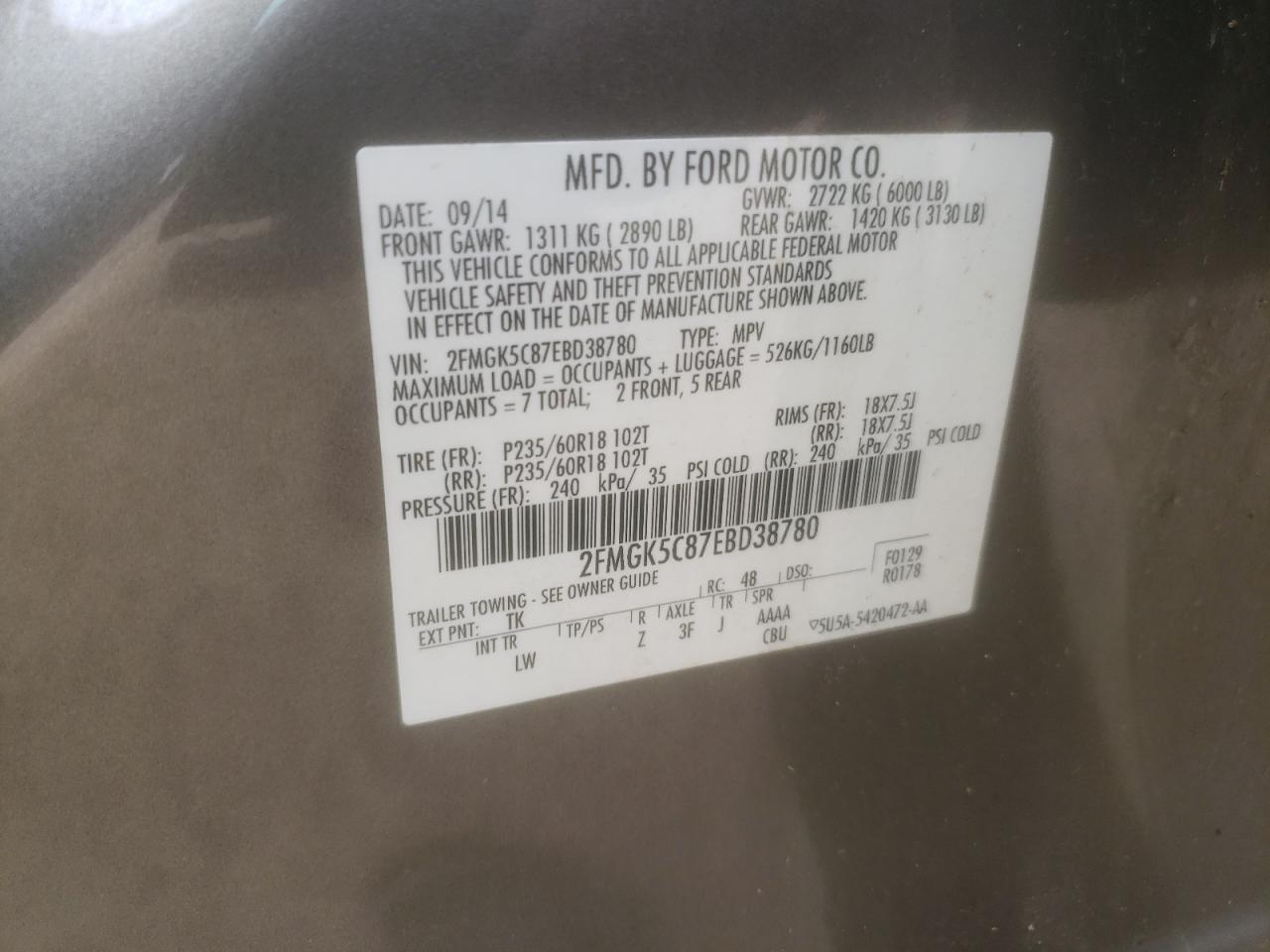 2FMGK5C87EBD38780 2014 Ford Flex Sel