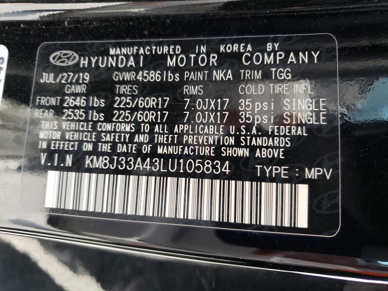 KM8J33A43LU105834 2020 Hyundai Tucson Limited