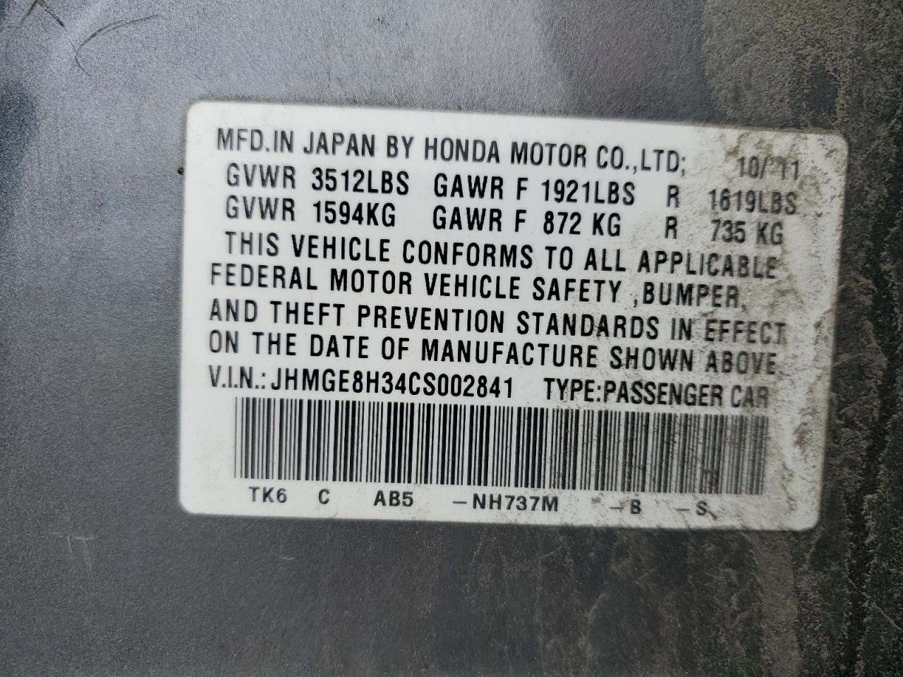 JHMGE8H34CS002841 2012 Honda Fit