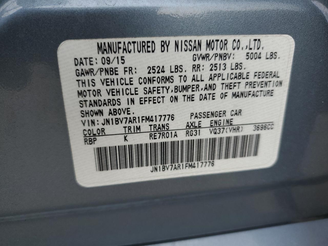 JN1BV7AR1FM417776 2015 Infiniti Q50 Base