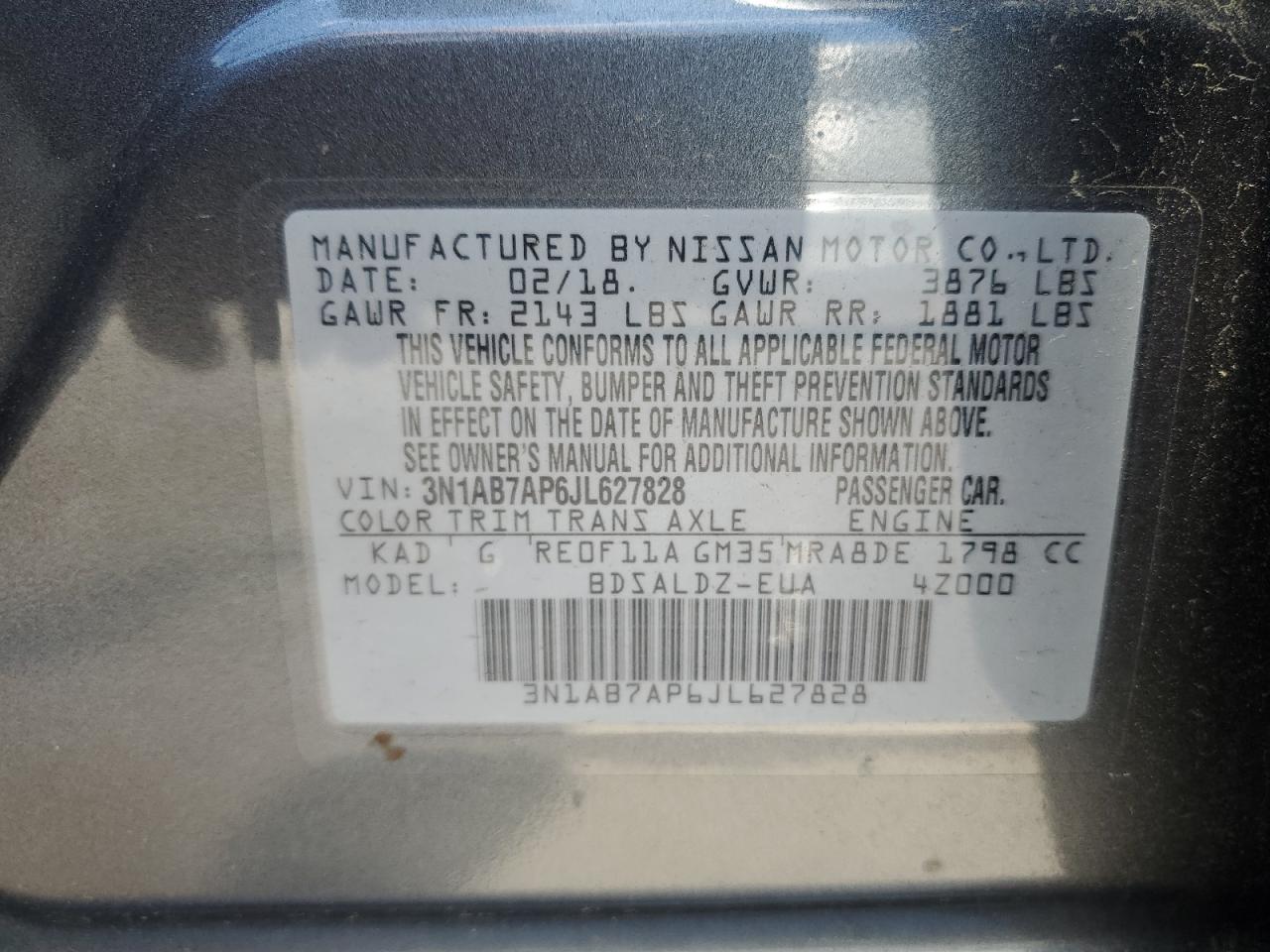 3N1AB7AP6JL627828 NISSAN SENTRA 2018