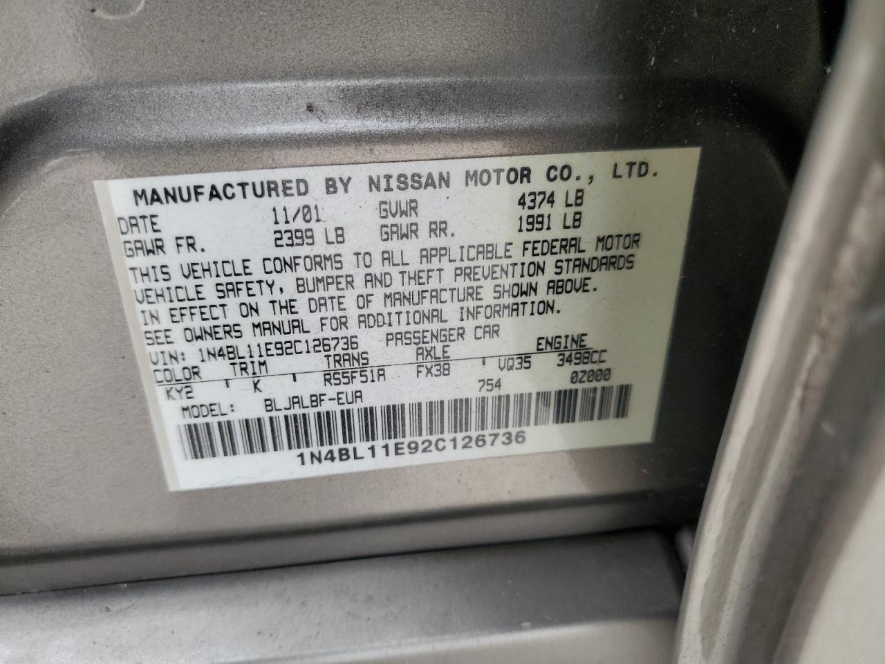 1N4BL11E92C126736 2002 Nissan Altima Se