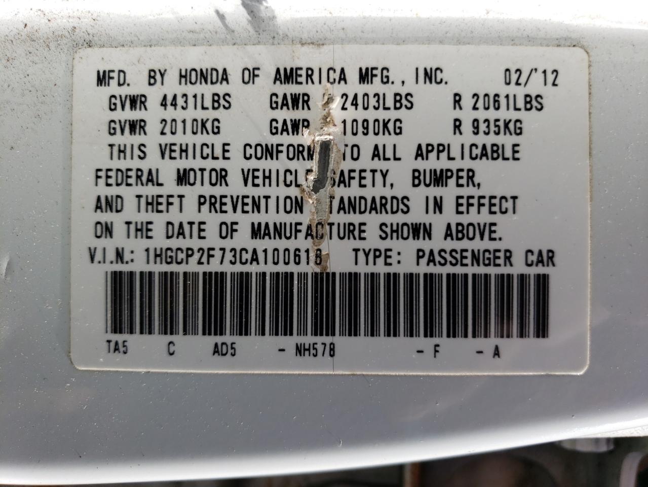 1HGCP2F73CA100618 2012 Honda Accord Ex