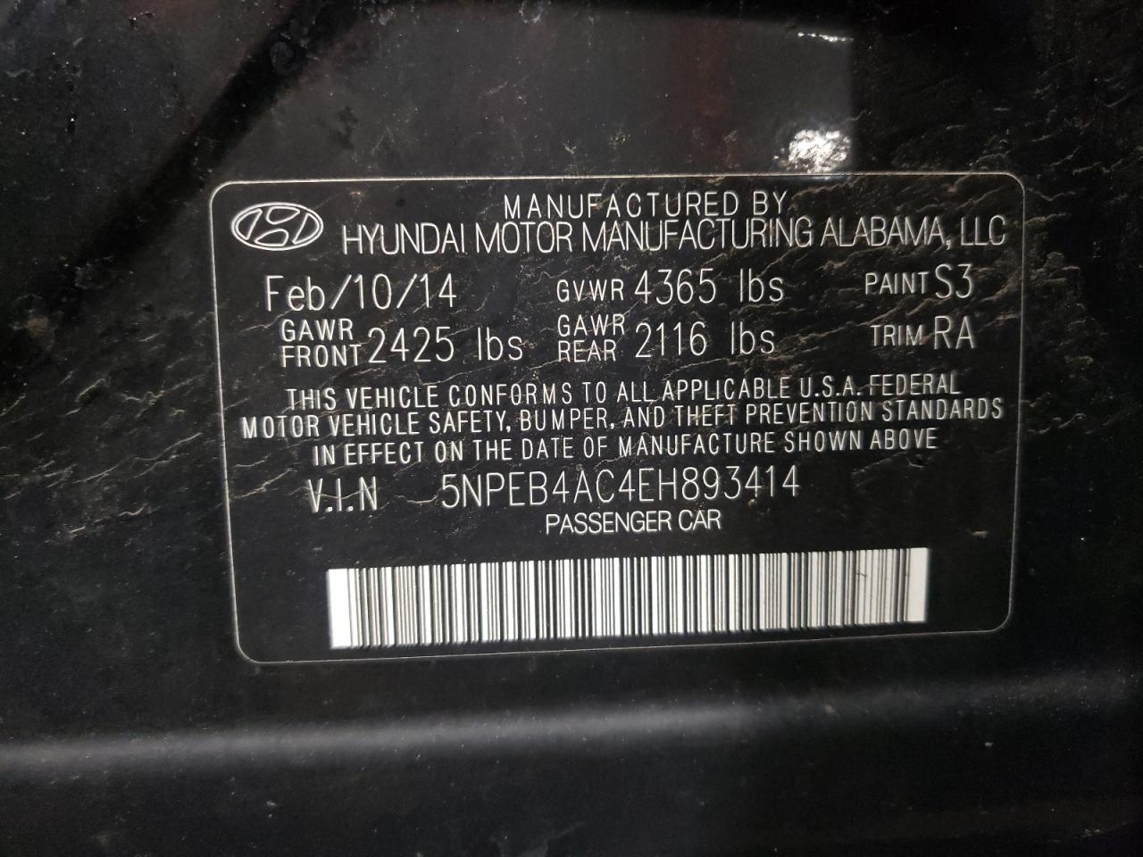 5NPEB4AC4EH893414 2014 Hyundai Sonata Gls