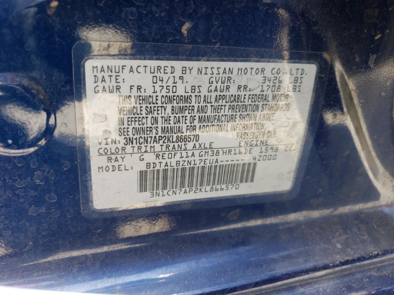 3N1CN7AP2KL866570 NISSAN VERSA 2019