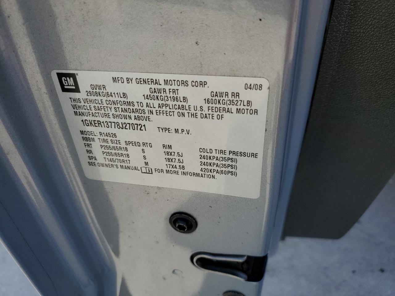 1GKER13778J270721 2008 GMC Acadia Sle