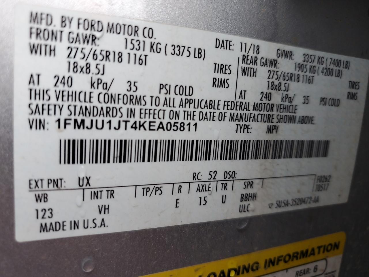 1FMJU1JT4KEA05811 FORD EXPEDITION 2019