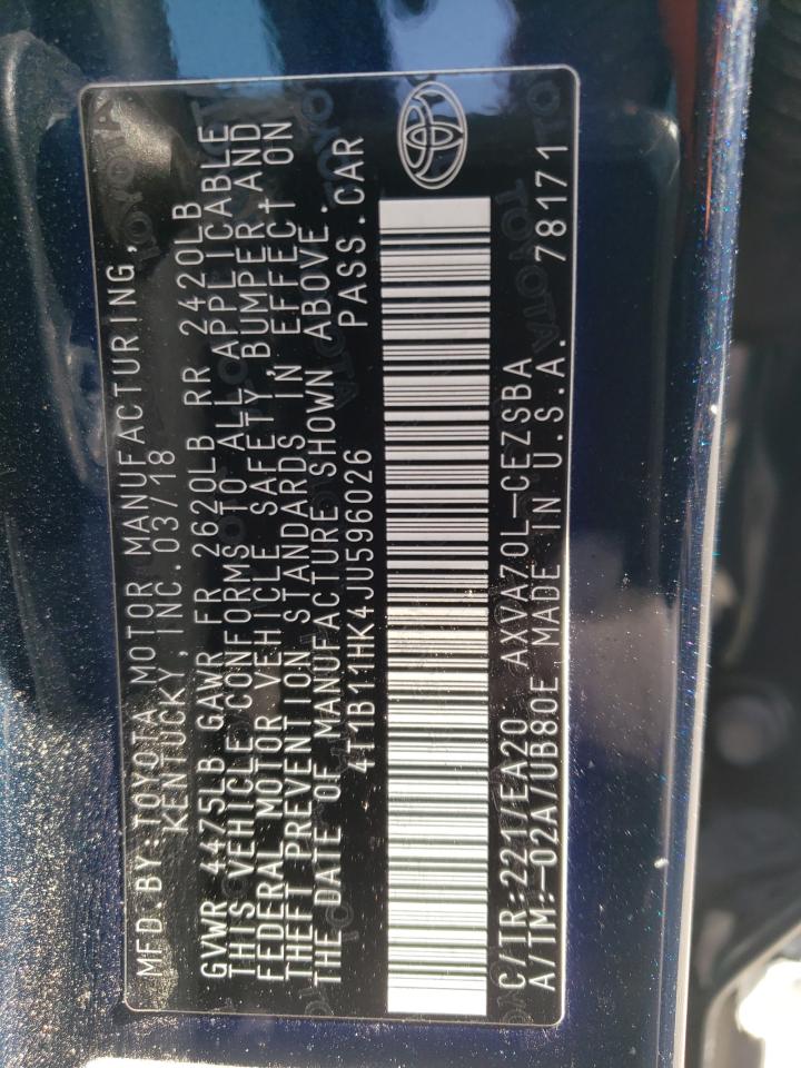 4T1B11HK4JU596026 TOYOTA CAMRY 2018