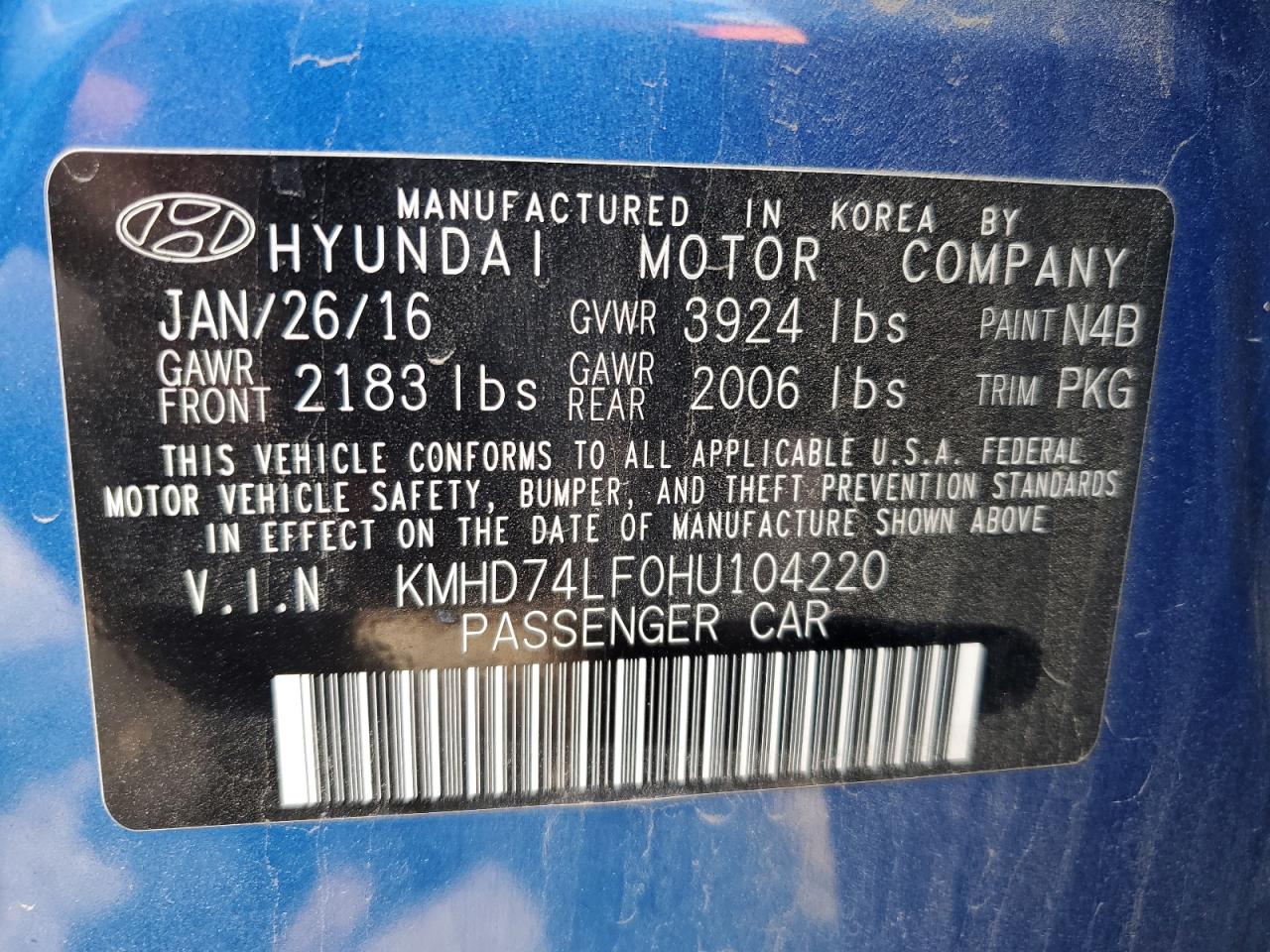 2017 Hyundai Elantra Se vin: KMHD74LF0HU104220