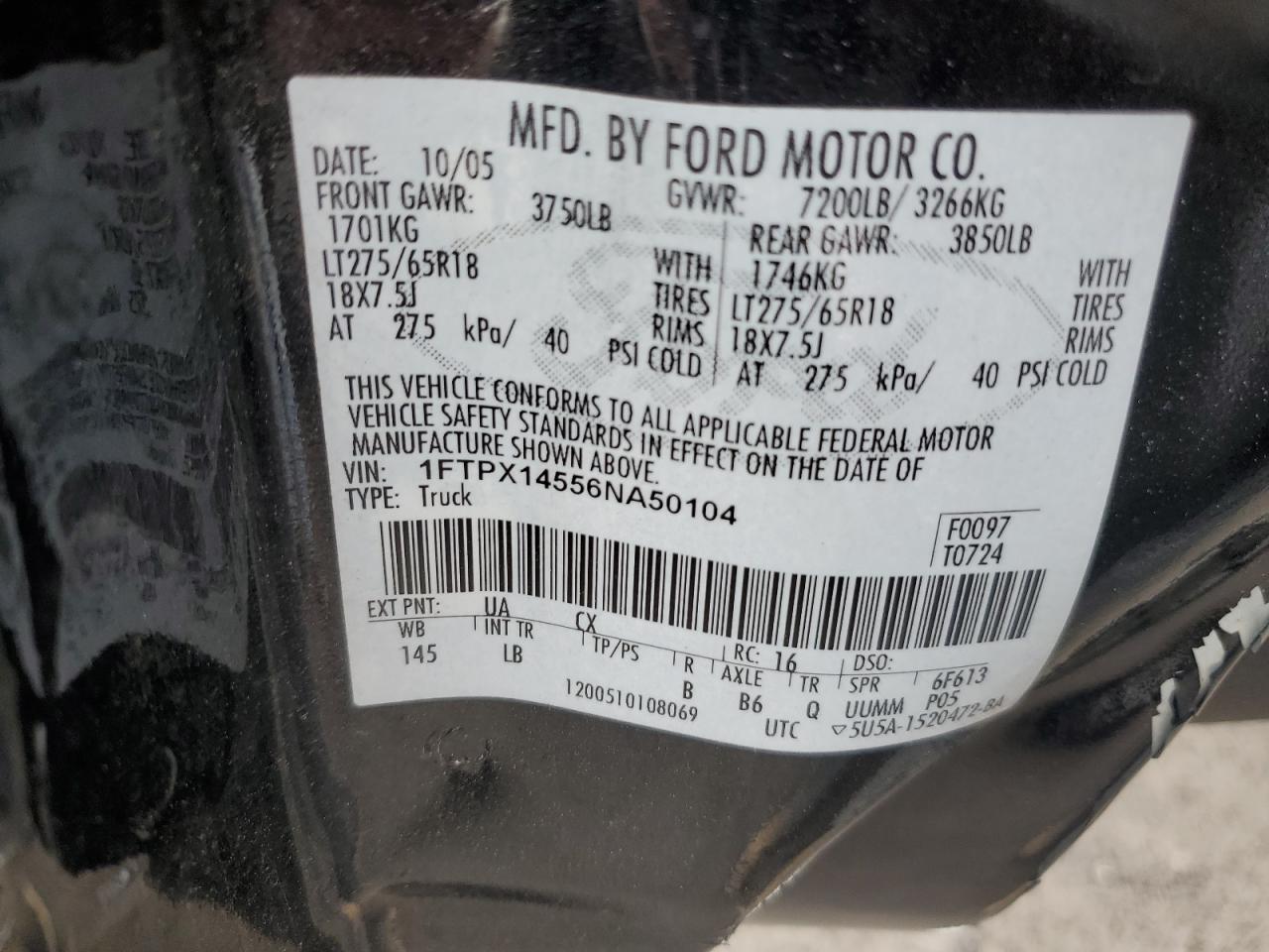 1FTPX14556NA50104 2006 Ford F150