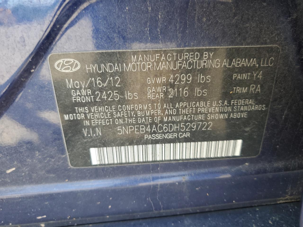 5NPEB4AC6DH529722 2013 Hyundai Sonata Gls
