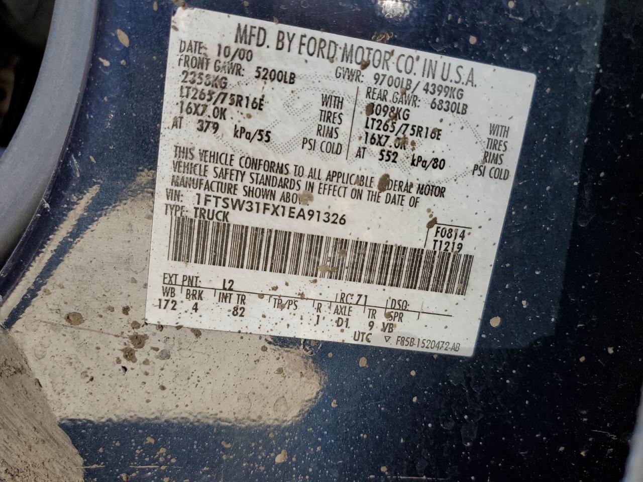 1FTSW31FX1EA91326 2001 Ford F350 Srw Super Duty