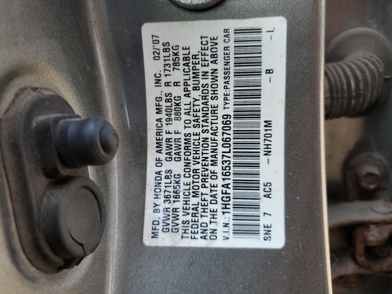 1HGFA16537L067069 2007 Honda Civic Lx