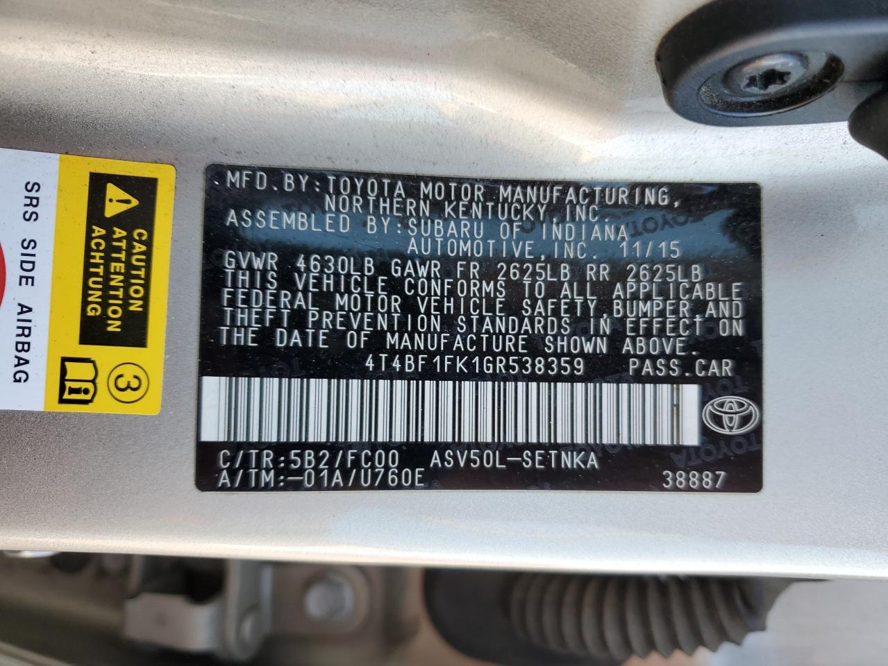 4T4BF1FK1GR538359 TOYOTA CAMRY 2016